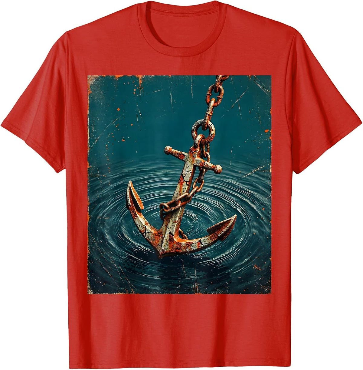 Men's Rowboat Anchor Ocean Depths Fishing Illustration T-Shirt - Red