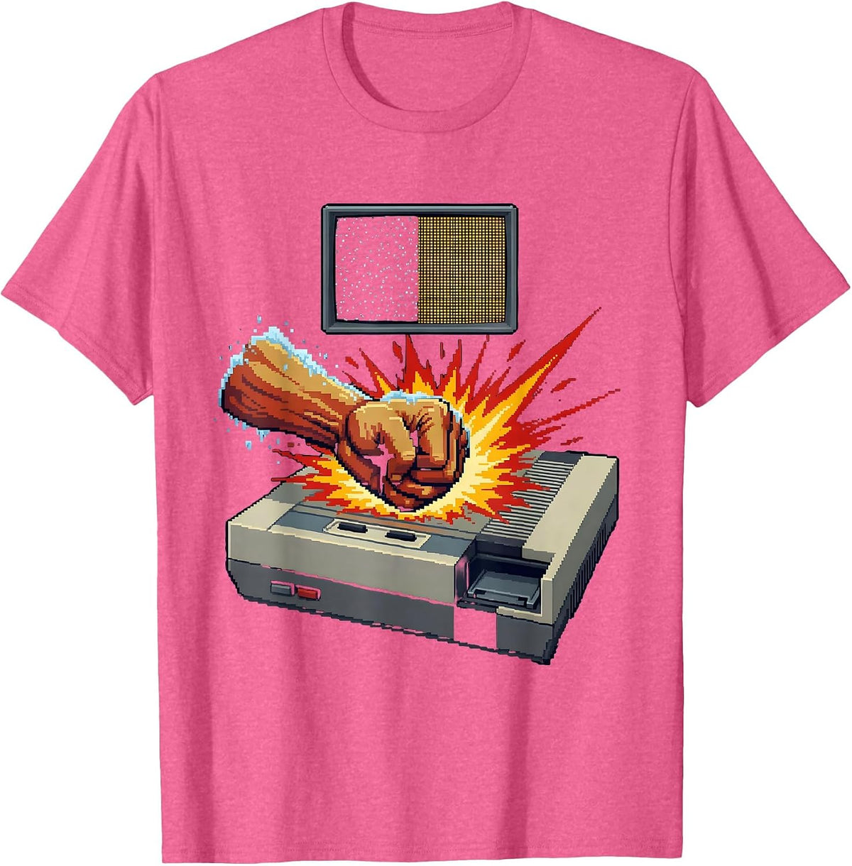 Pixel Art Console Fist Retro Gamer Humor T-Shirt - Pink Heather