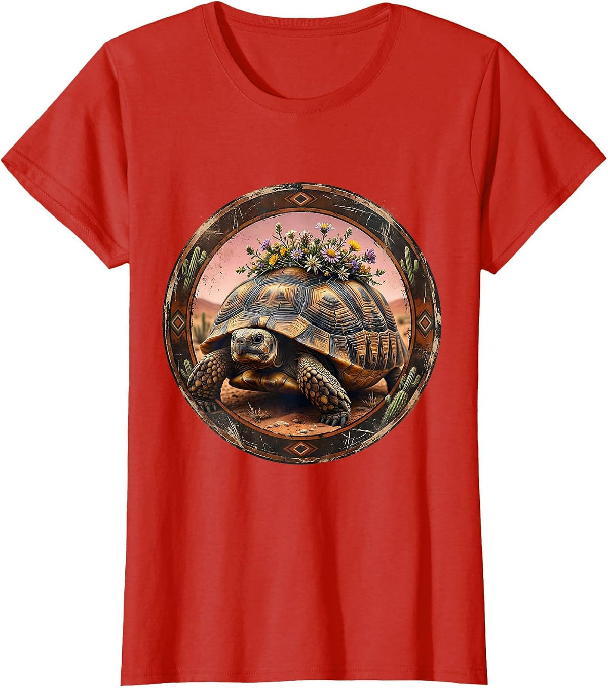 Desert Tortoise Floral Crown Western Nature Art T-Shirt - Red