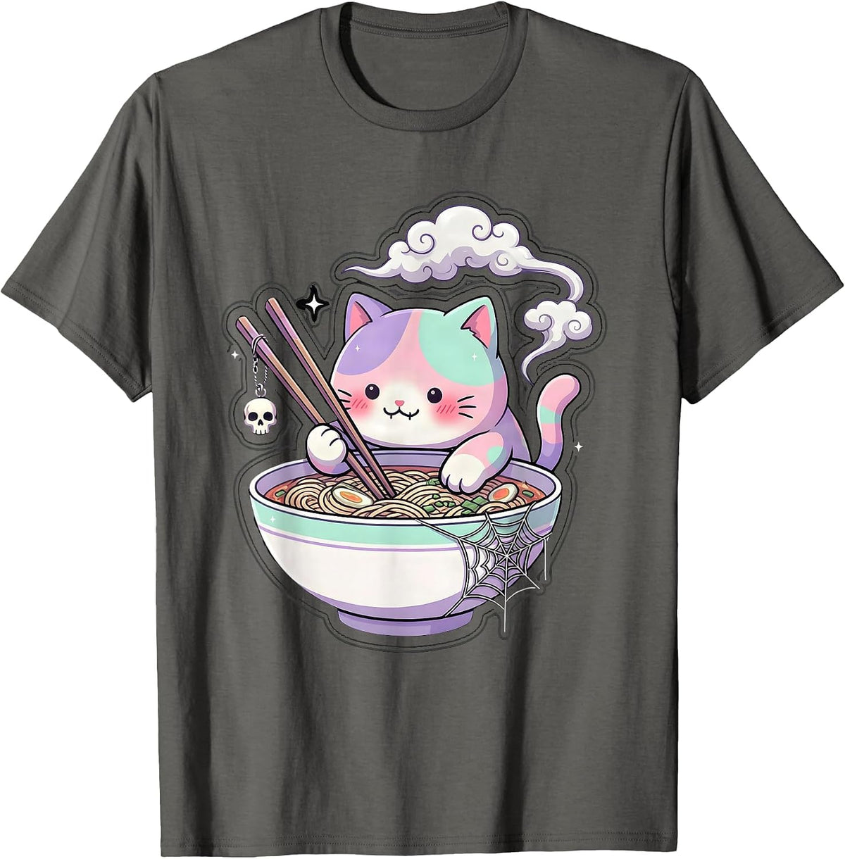 Cat Sipping Ramen Bowl With Chopsticks Graphic T-Shirt - Asphalt Grey
