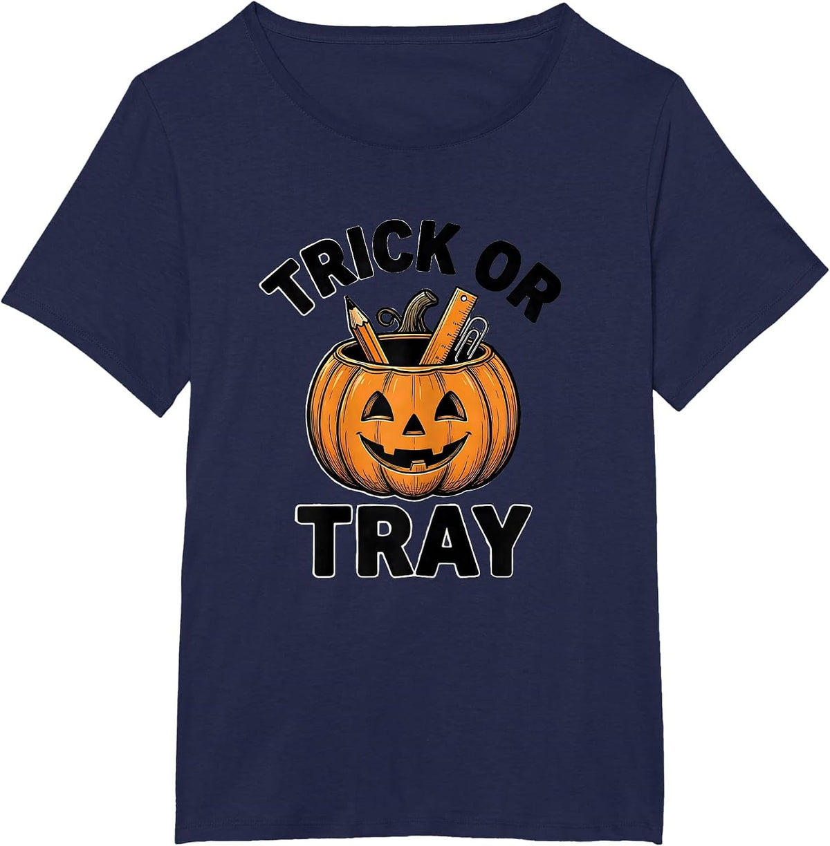 Women's Trick or Tray Line Art Teacher Halloween Back to School T-Shirt - Navy Blue
