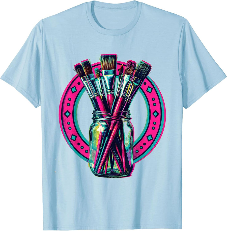 Men's Art Teacher Mason Jar Colorful Paintbrushes Design T-Shirt - Baby Blue