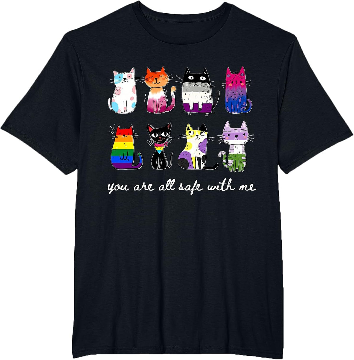 You are All Safe with Me Cute Cat Pride Month LGBT Support T-Shirt - Black