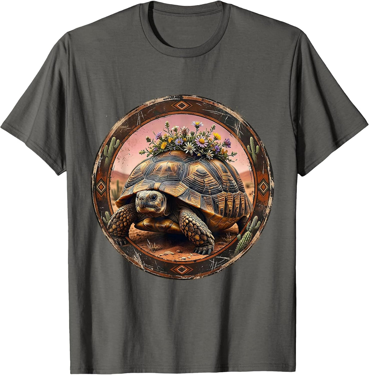 Desert Tortoise Floral Crown Western Nature Art T-Shirt - Asphalt Grey