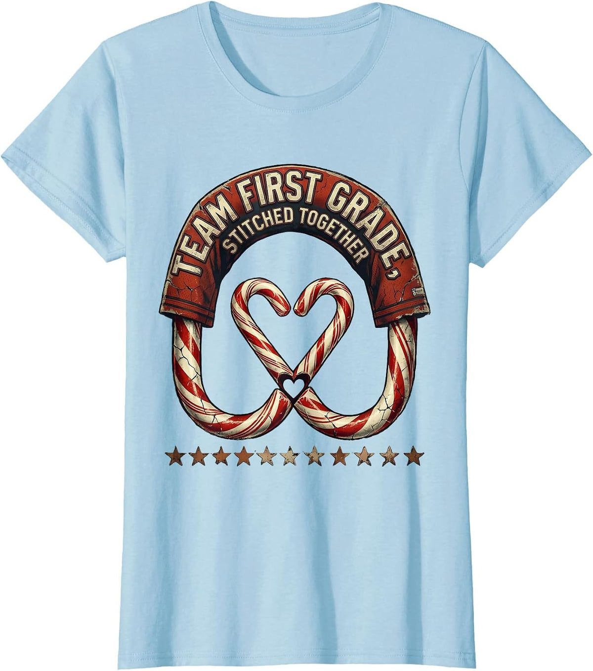Team First Grade Stitched Together Distressed Teacher T-Shirt - Baby Blue