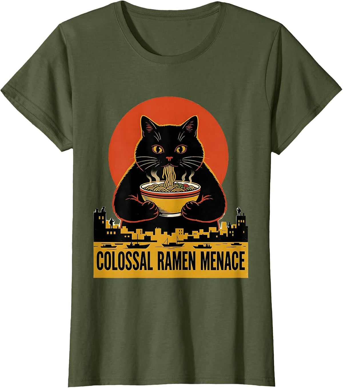 Women's Colossal Ramen Menace Funny Cat Ramen Japanese Anime Gift T-Shirt - Olive Green