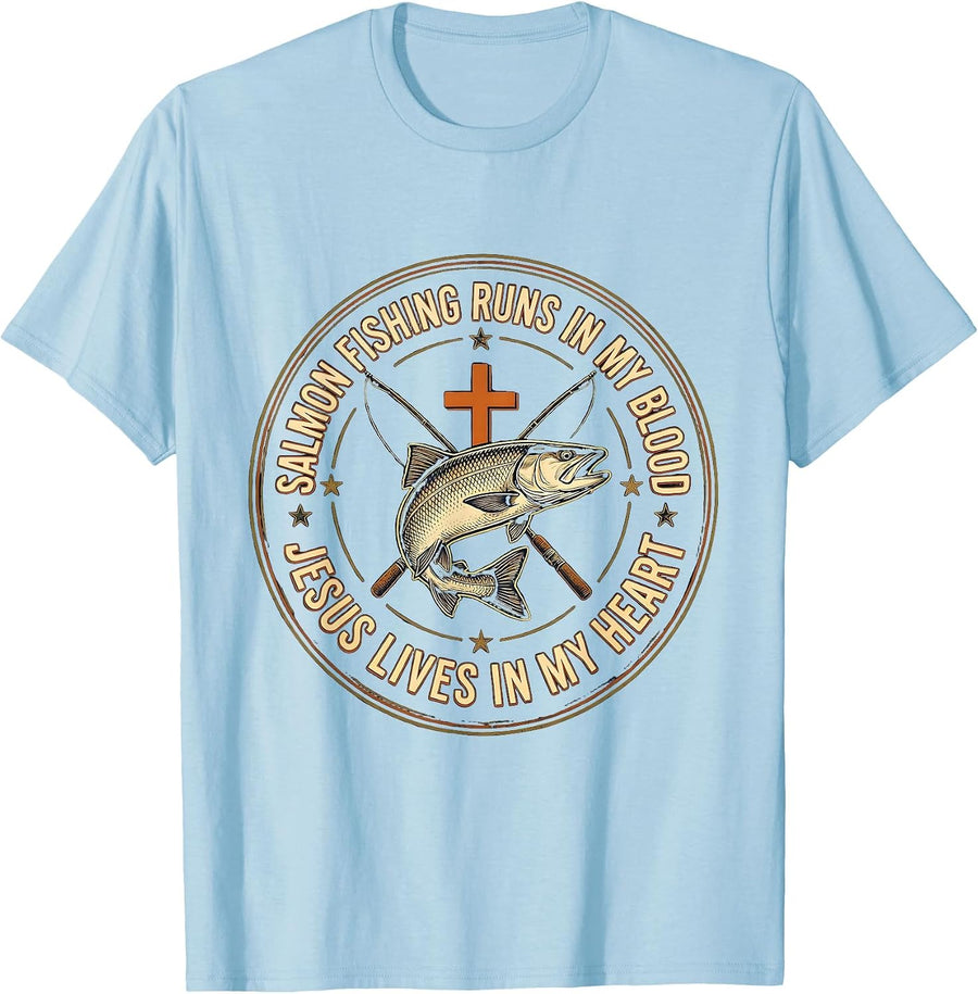 Men's Salmon Fishing Runs In My Blood, Jesus Lives In My Heart T-Shirt - Baby Blue