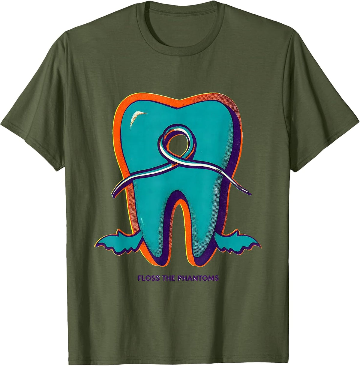 Men's Floss the Phantoms Risograph Halloween Dentist Dental T-Shirt - Olive Green