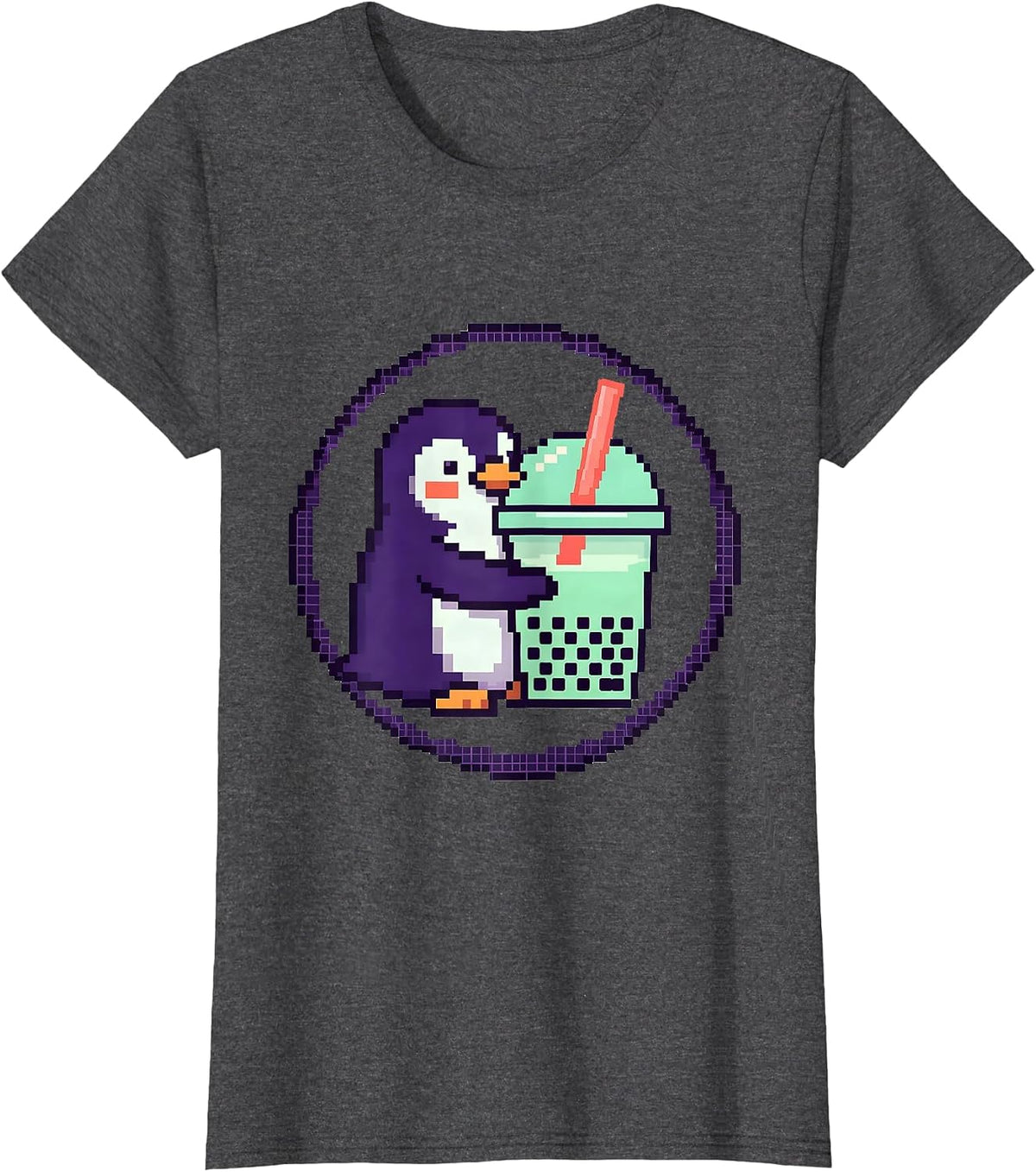 Women's Round Penguin Boba Tea Kawaii Anime Girl T-Shirt - Dark Heather Grey