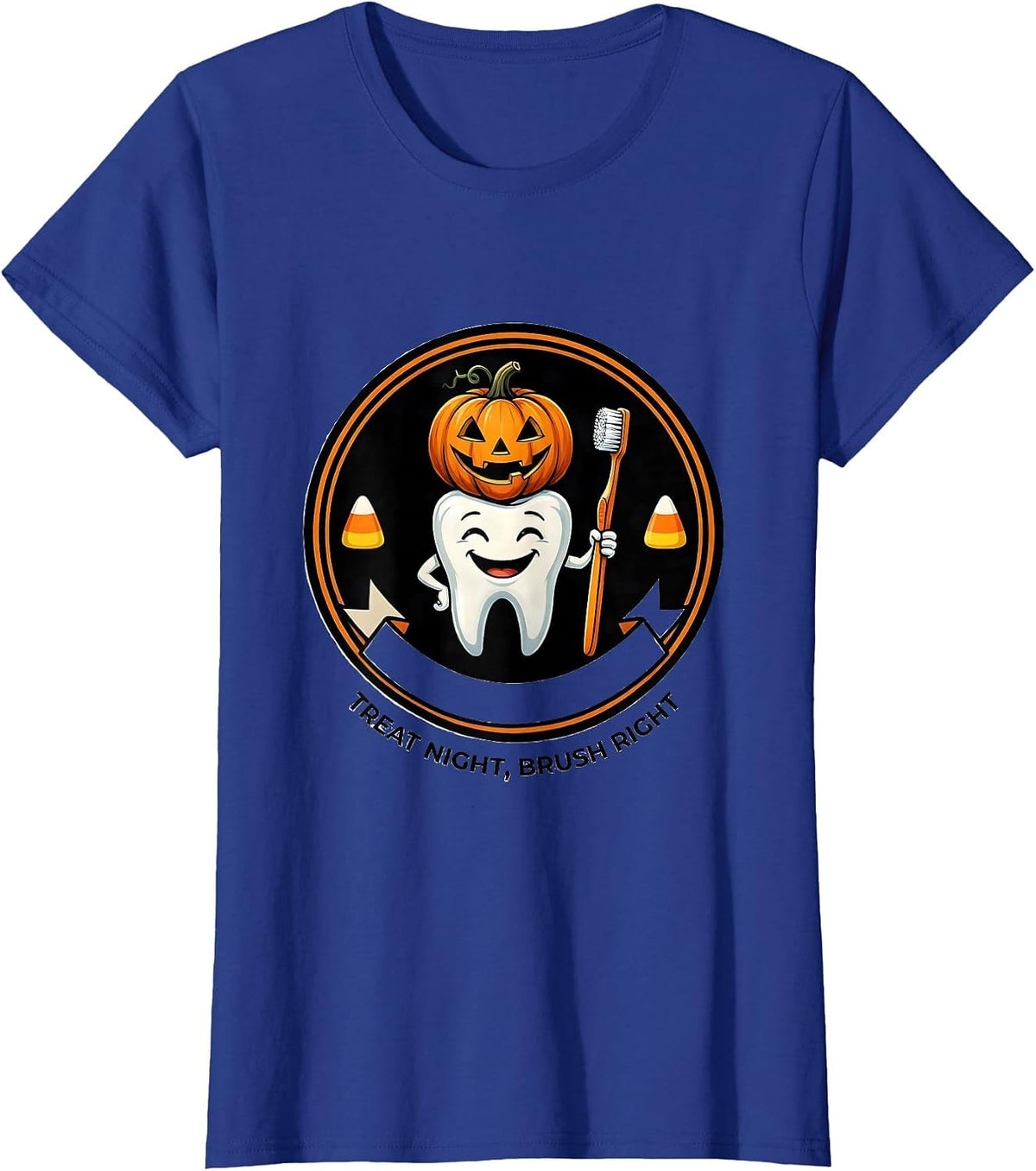 Women's Treat Night Brush Right Playful Dental Humor Halloween T-Shirt - Royal Blue