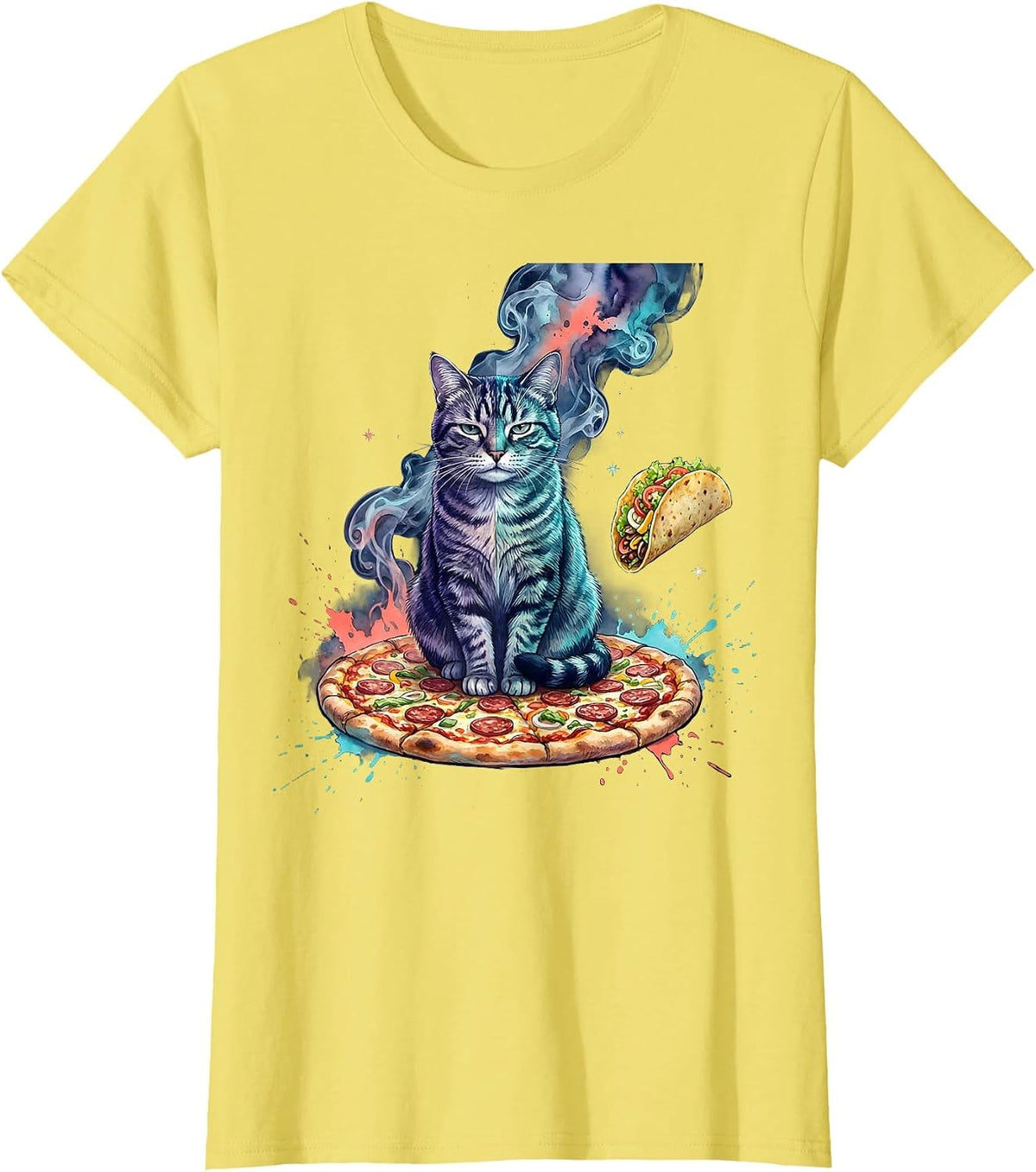 Unimpressed Cat on Pizza Space Meme Funny Gift T-Shirt - Lemon Yellow