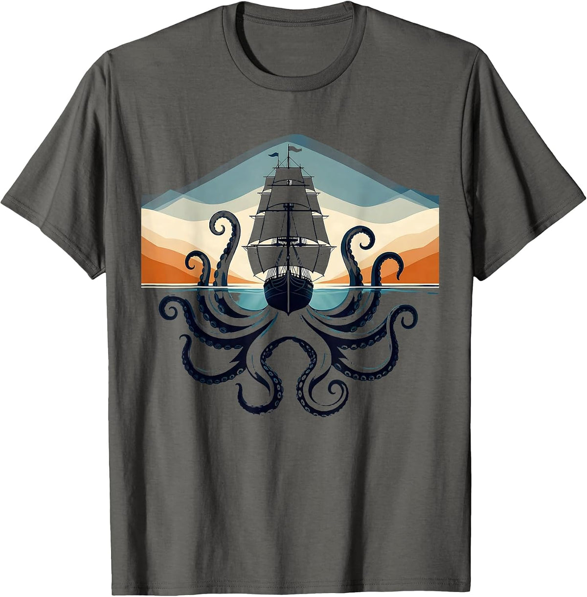 Octopus Dragging Ship Under Ocean Surface T-Shirt - Asphalt Grey