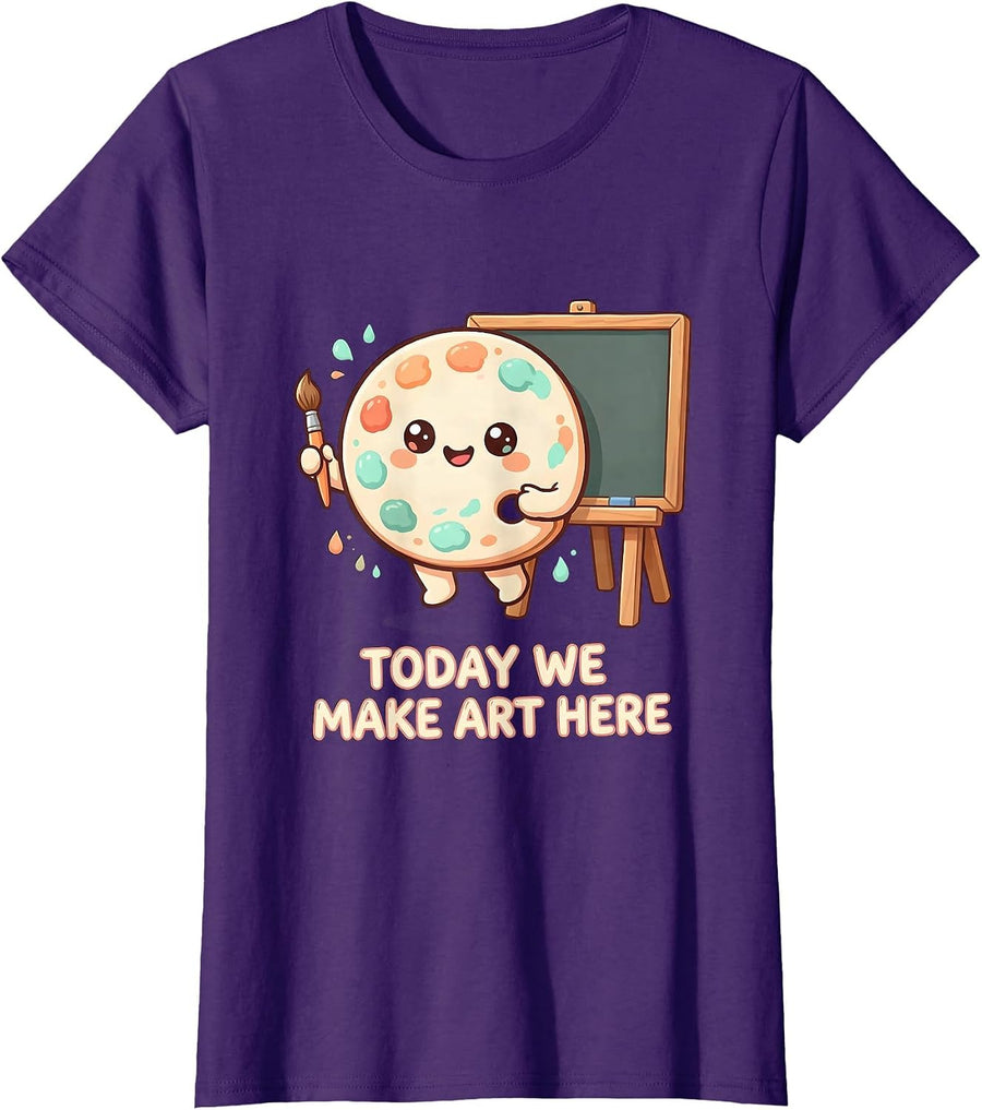 Women's Today We Make Art Here Cute Kawaii Art Teacher Back T-Shirt - Purple