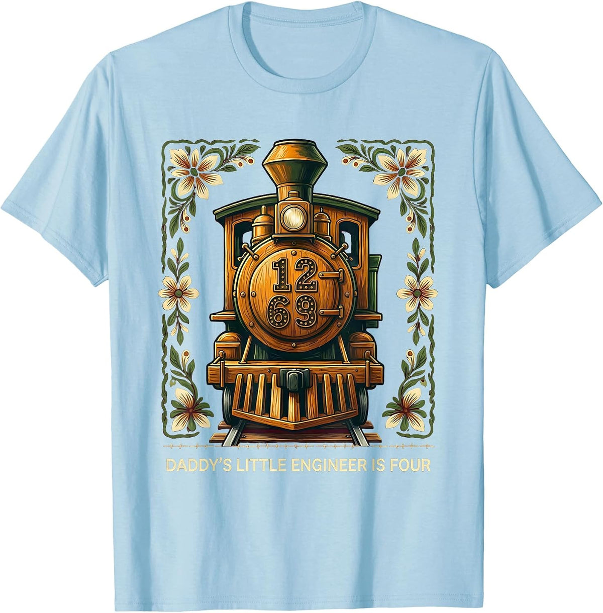 Men's Daddy's Little Engineer Is Four Folk Art Train Birthday T-Shirt - Baby Blue
