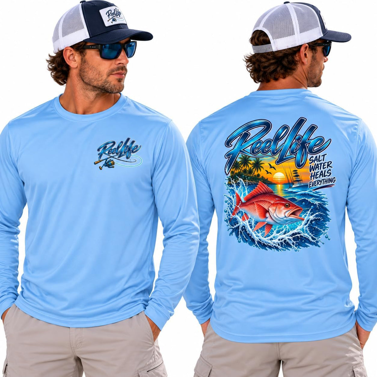 Reel Life Fishing Snapper Long Sleeve Tee | Ocean Sunset Angler Graphic - Carolina Blue