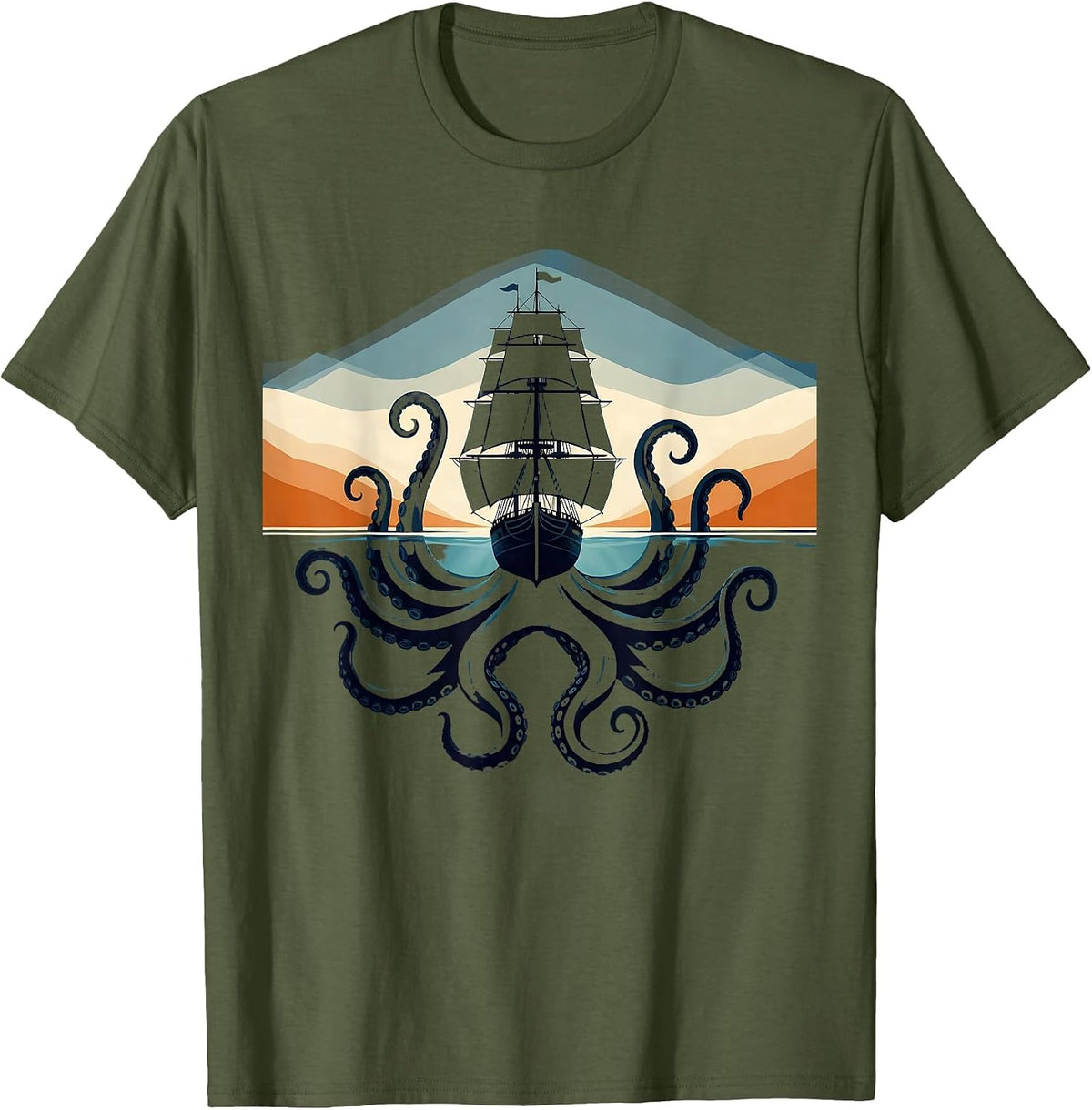 Octopus Dragging Ship Under Ocean Surface T-Shirt - Olive Green