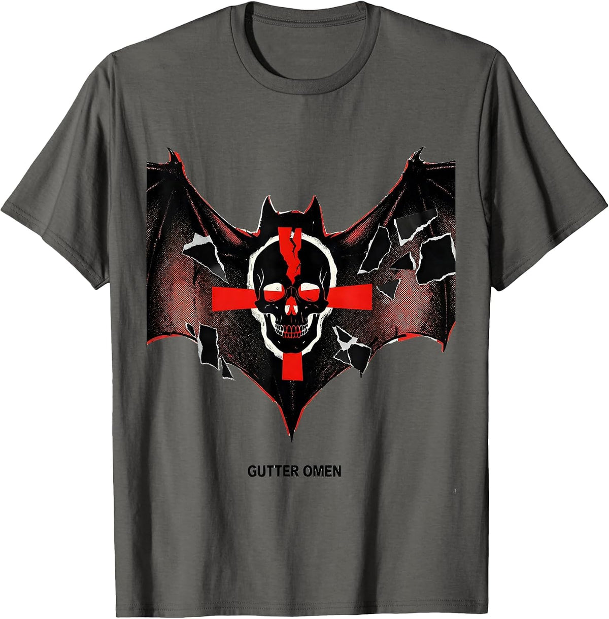 Men's Gutter Omen Punk Metal Y2K Goth Emo Skull Streetwear T-Shirt - Asphalt Grey