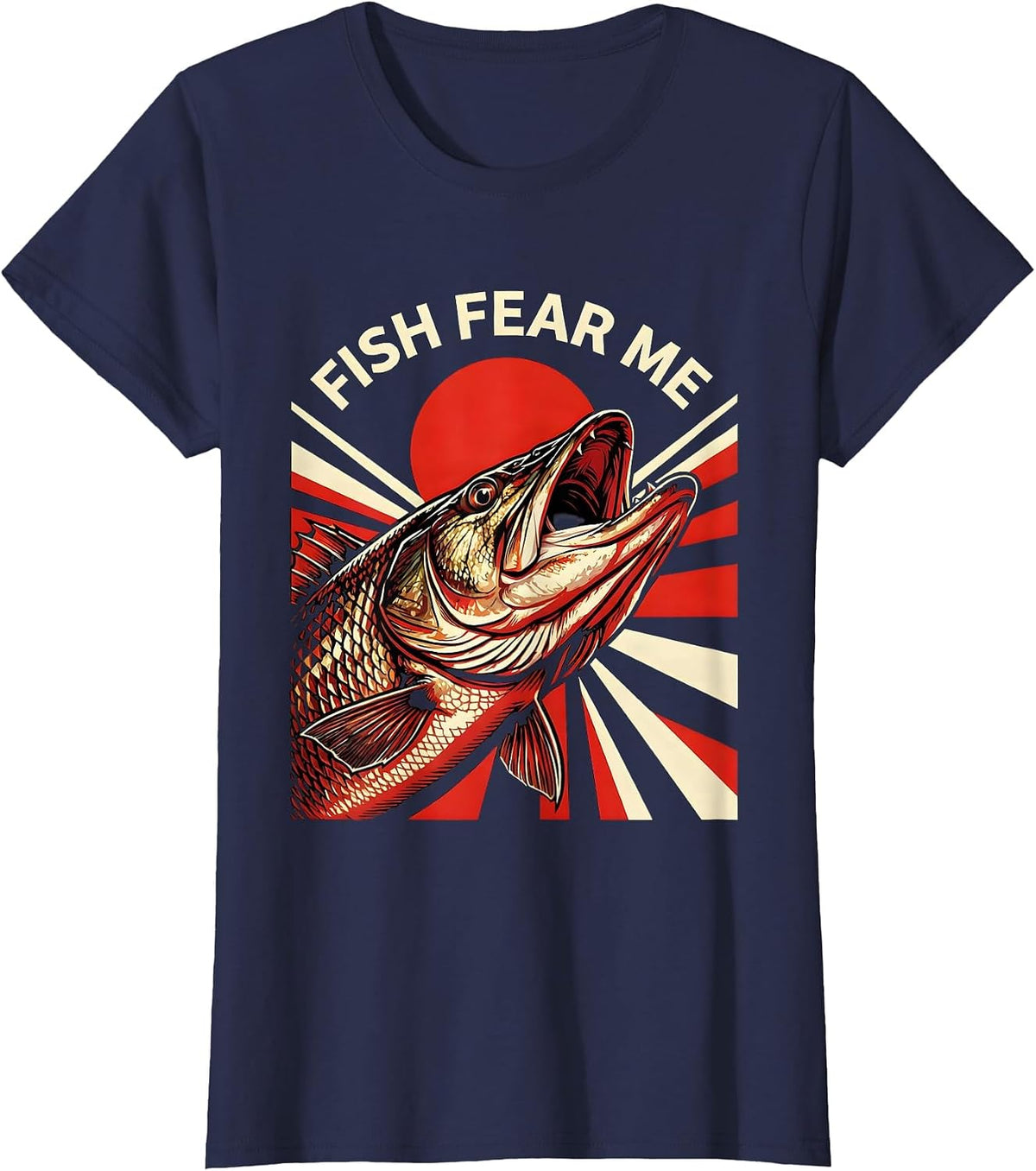 Women's Fish Fear Me Funny Fishing Graphic Design T-Shirt - Navy Blue