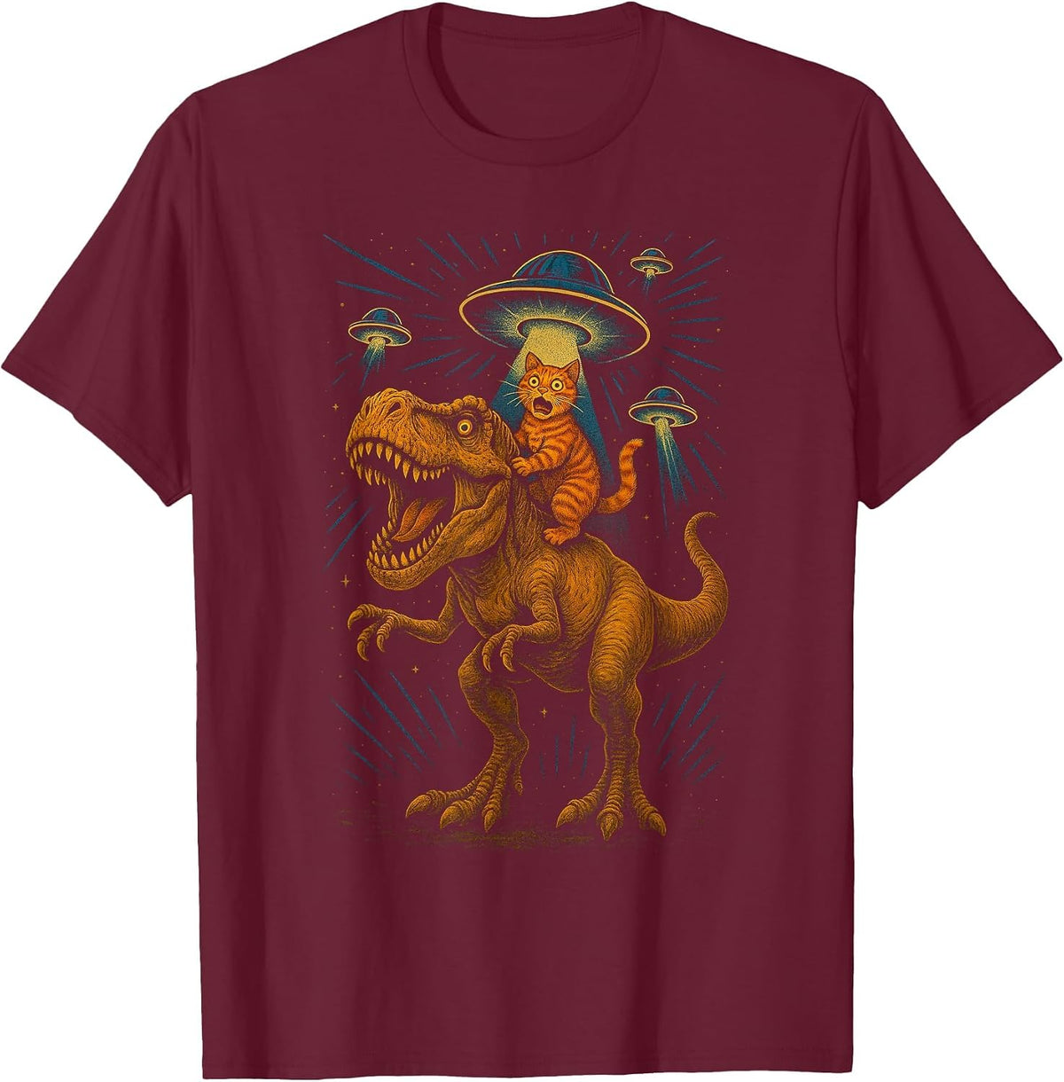 Funny Cat Riding T-Rex Dinosaur Graphic T-Shirt - Burgundy