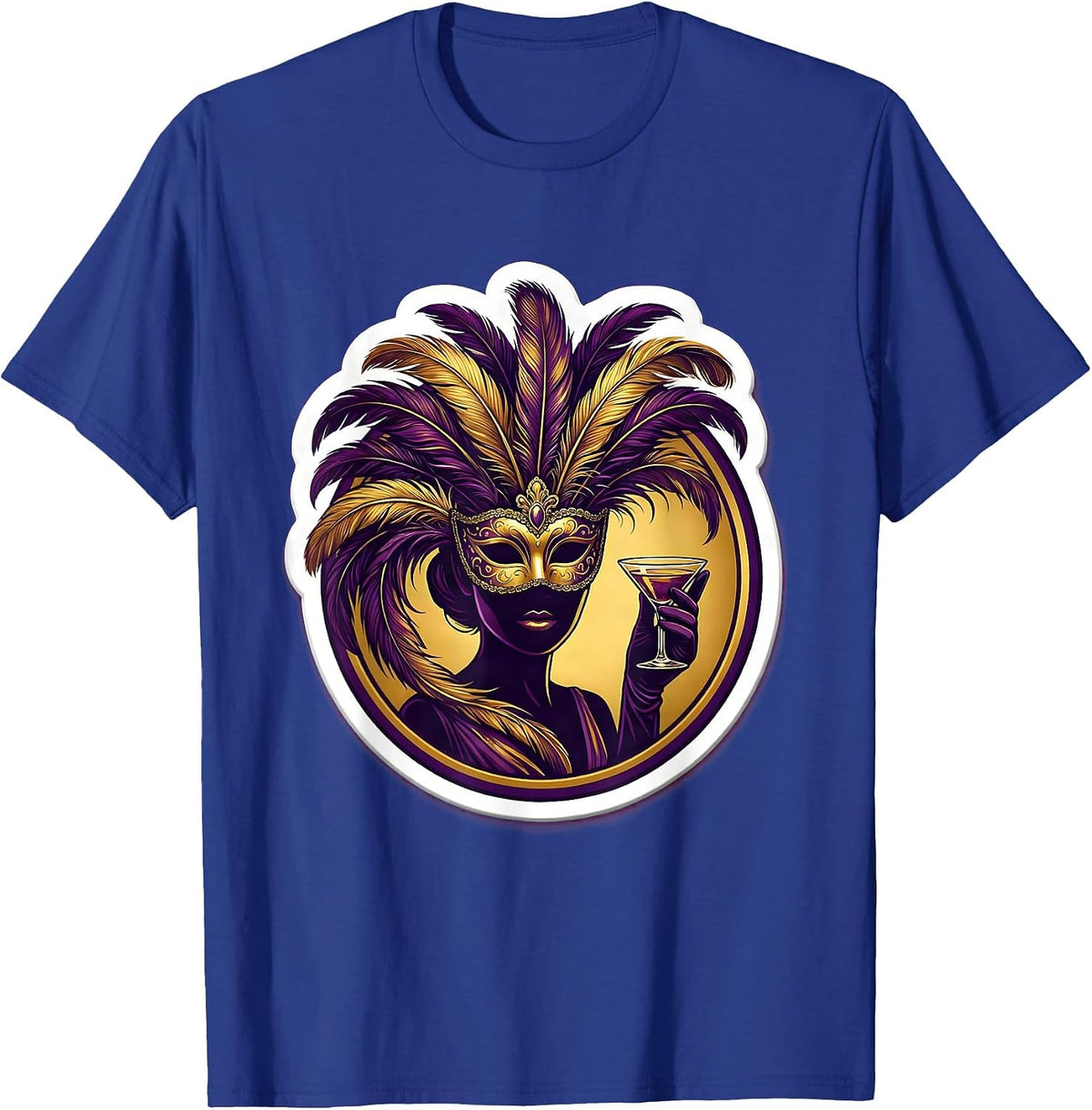 Mardi Gras Masquerade Feather Mask Cocktail Design T-Shirt - Royal Blue