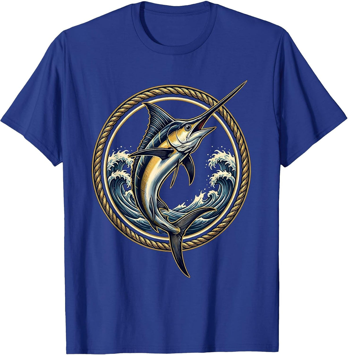 Men's Marlin Leaping Ocean Waves Hawaiian Design T-Shirt - Royal Blue