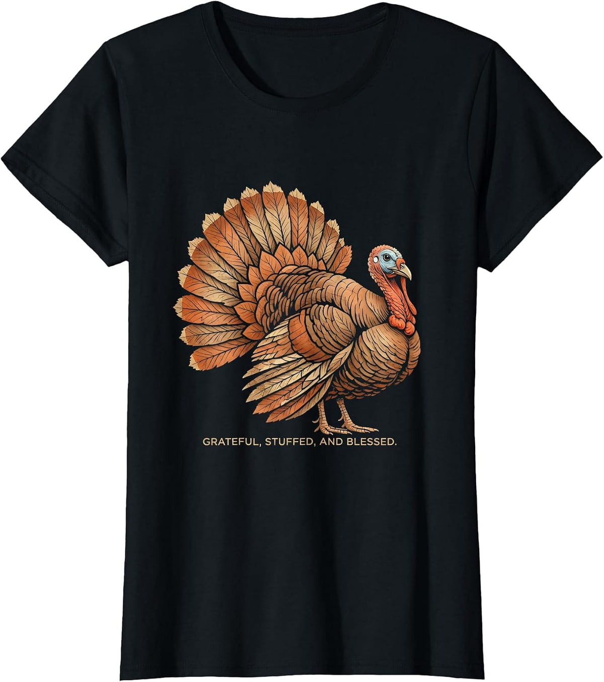 Women's Grateful Stuffed and Blessed Thanksgiving Turkey Design T-Shirt - Black