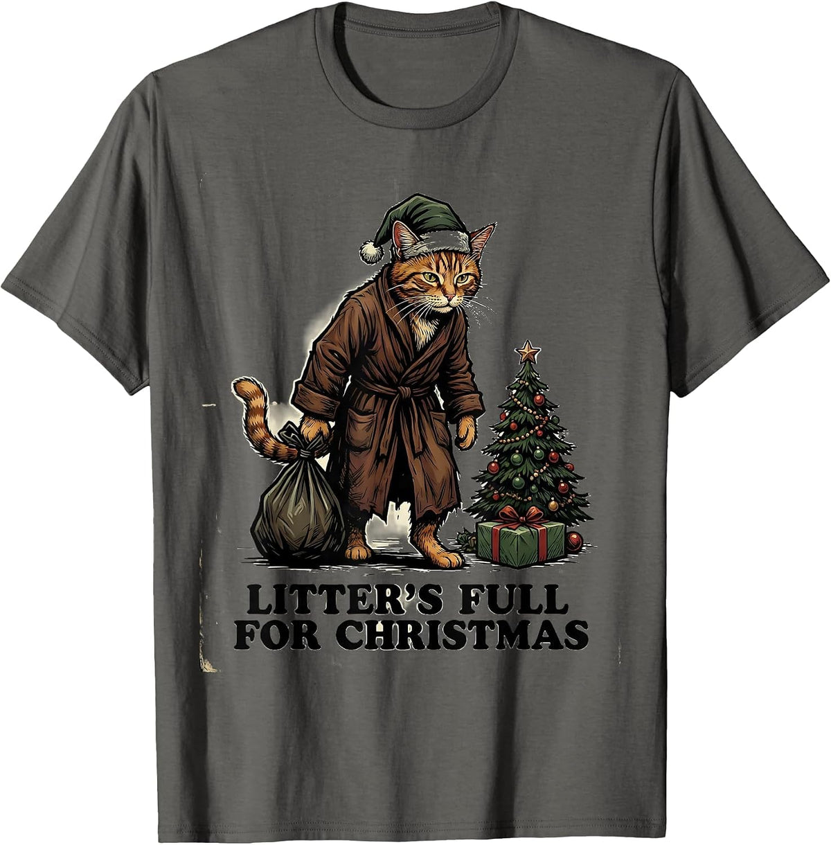 Litter's Full For Christmas Funny Cat Lover Vintage T-Shirt - Asphalt Grey