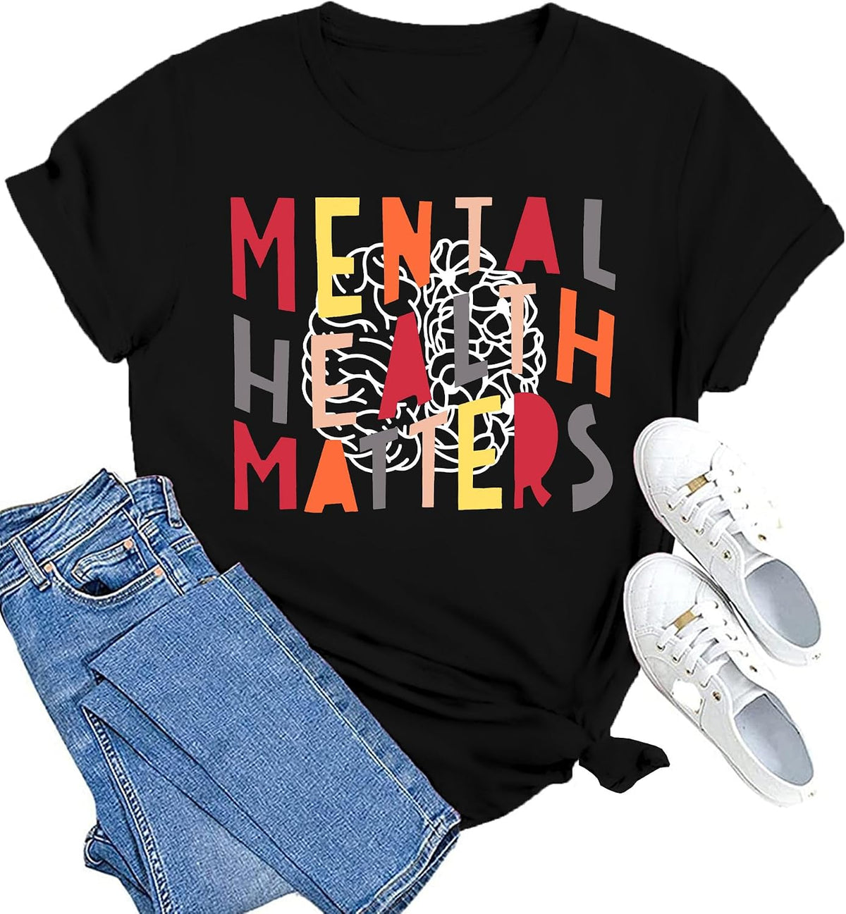 Mental Health Matters Shirt Womens Therapist Psychologist Tshirt Human Brain Illness Awareness Short Sleeve - Black