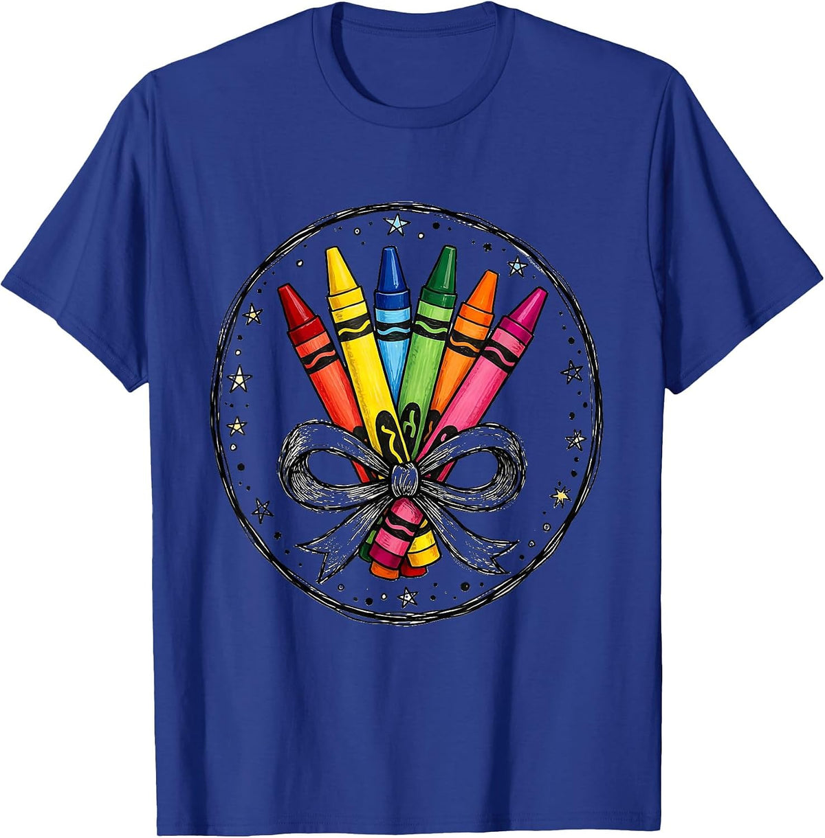 Men's Kindergarten Teacher Crayon Bundle Bow Graphic T-Shirt - Royal Blue