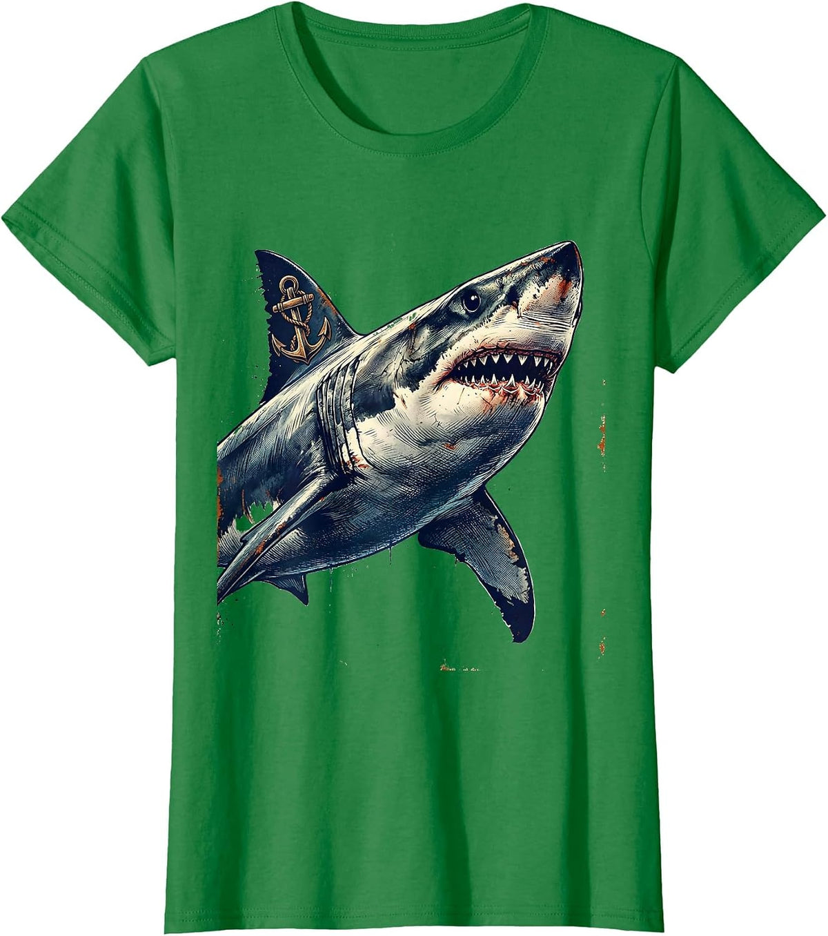 Shark With Anchor Tattoo Art Graphic Tee T-Shirt - Kelly Green
