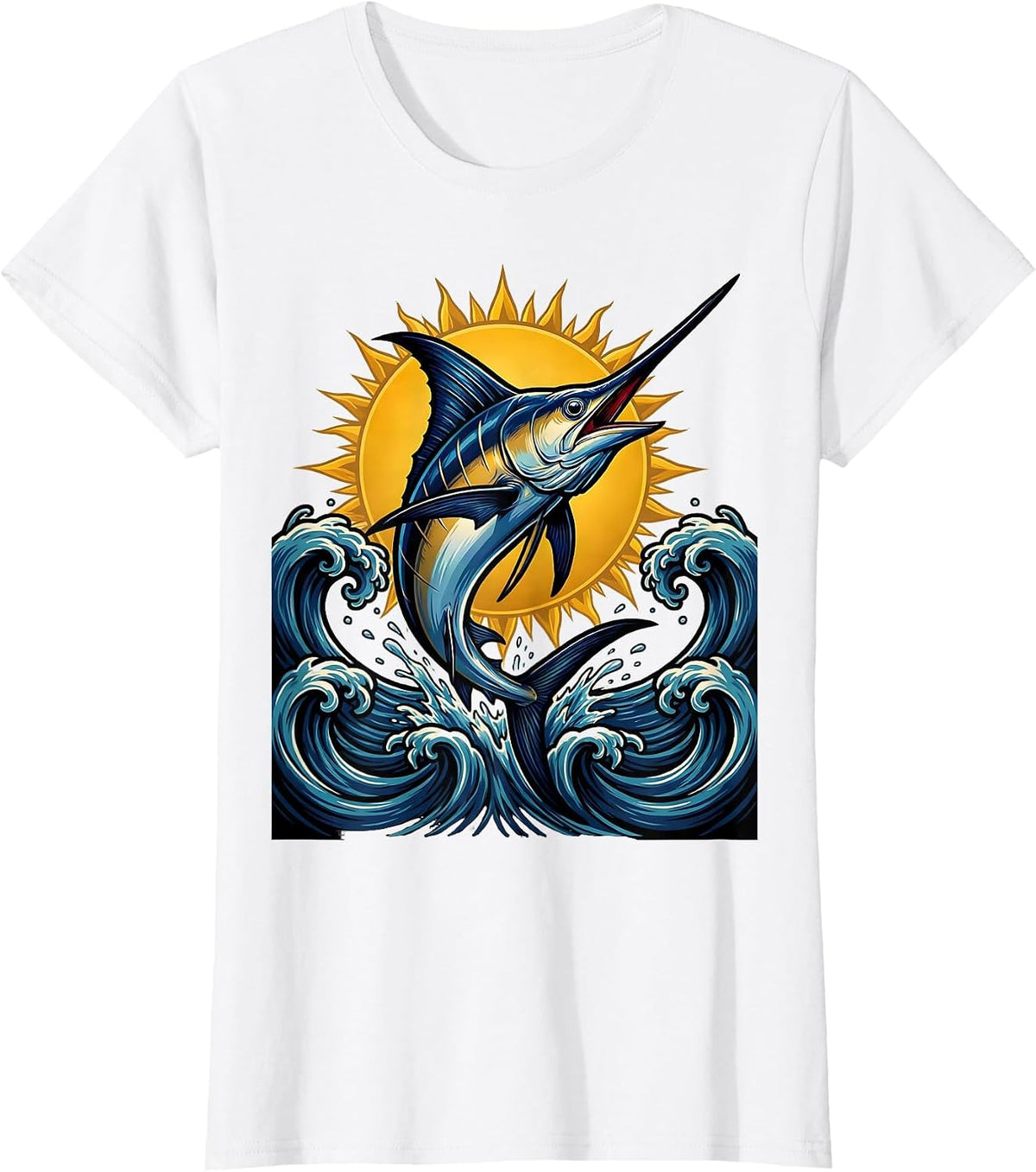 Caribbean Marlin Leaping at Sunset Illustration T-Shirt - White