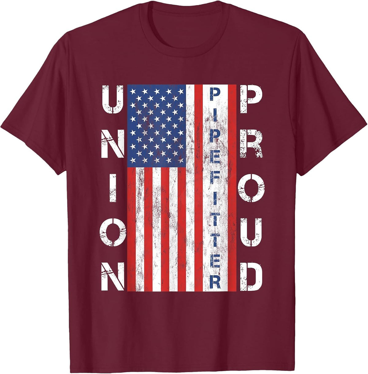 Union Proud American Flag Pipefitter T-Shirt - Burgundy