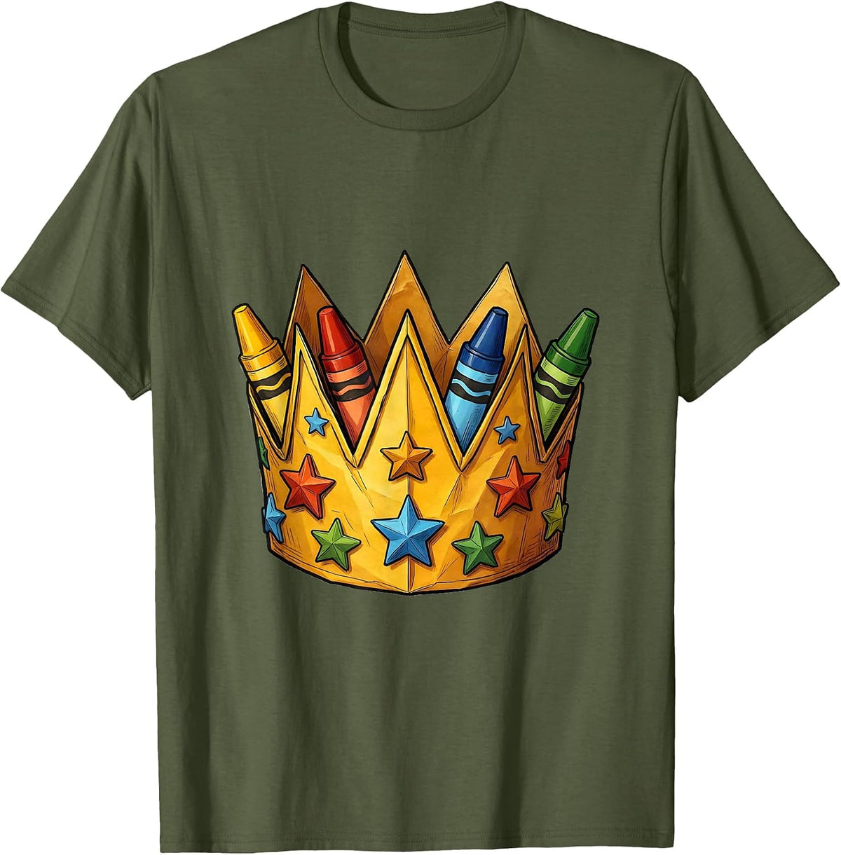 Kindergarten Teacher Crayon Crown Illustration T-Shirt - Olive Green
