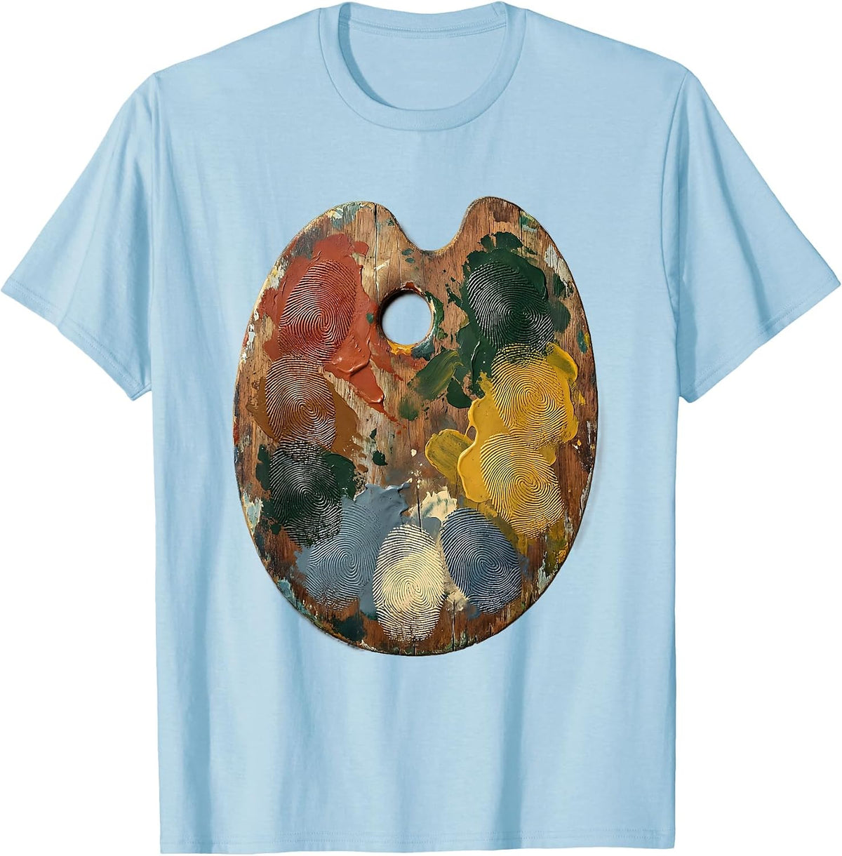 First Grade Teacher Paint Palette Fingerprint Art T-Shirt - Baby Blue
