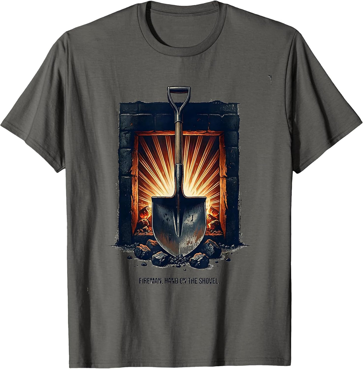 Men's Fireman, Hand On The Shovel Vintage Steam Train Engineer T-Shirt - Asphalt Grey