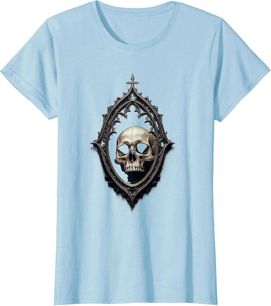 Women's Black Looks Good on Me Gothic Skull Alt Y2K Grunge T-Shirt - Baby Blue
