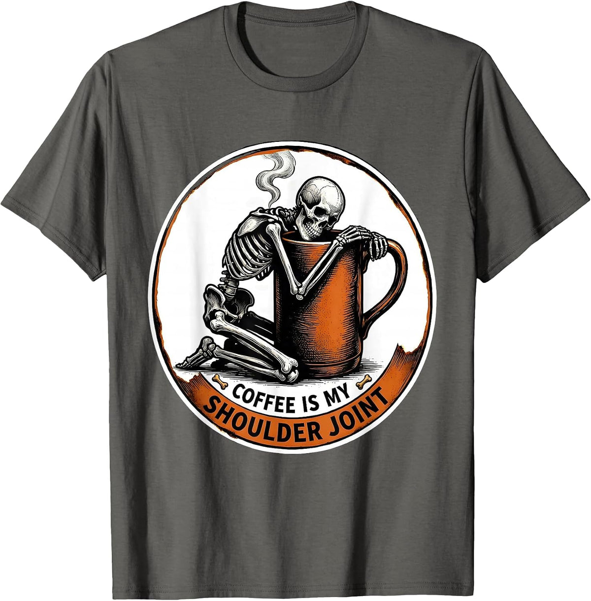 Men's Coffee Is My Shoulder Joint Whimsical Dry Humor Halloween T-Shirt - Asphalt Grey