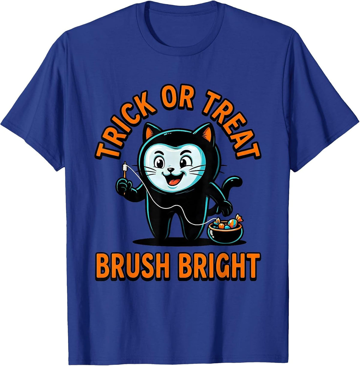 Trick Or Treat Brush Bright Cartoon Dental Halloween Costume T-Shirt - Royal Blue