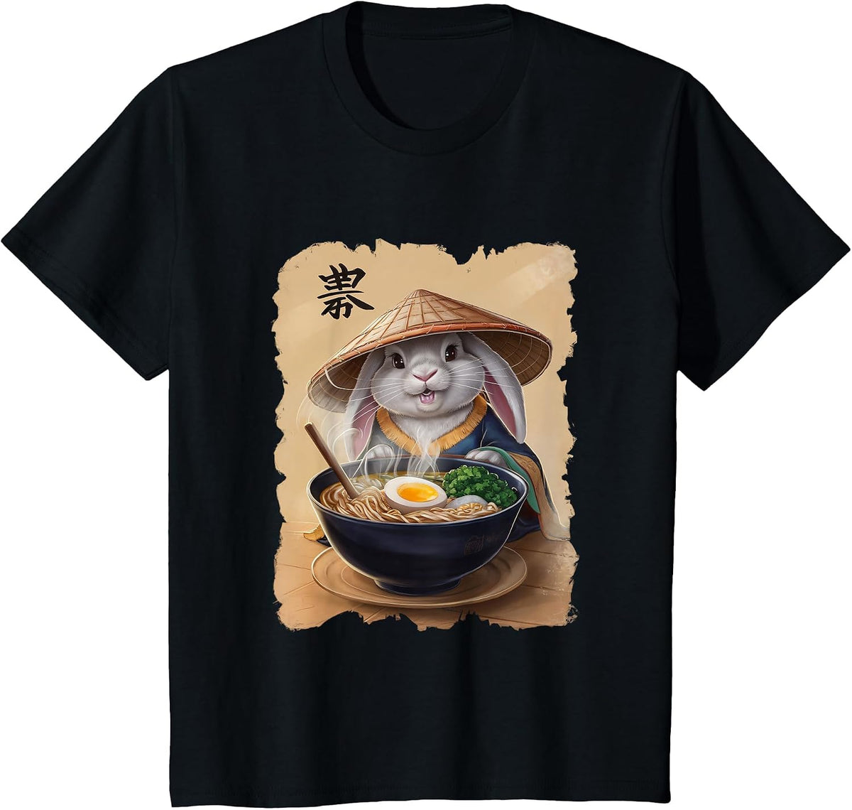 Bunny Men Woman Kawaii Eating Ramen Japanese Rabbit T-Shirt - Black