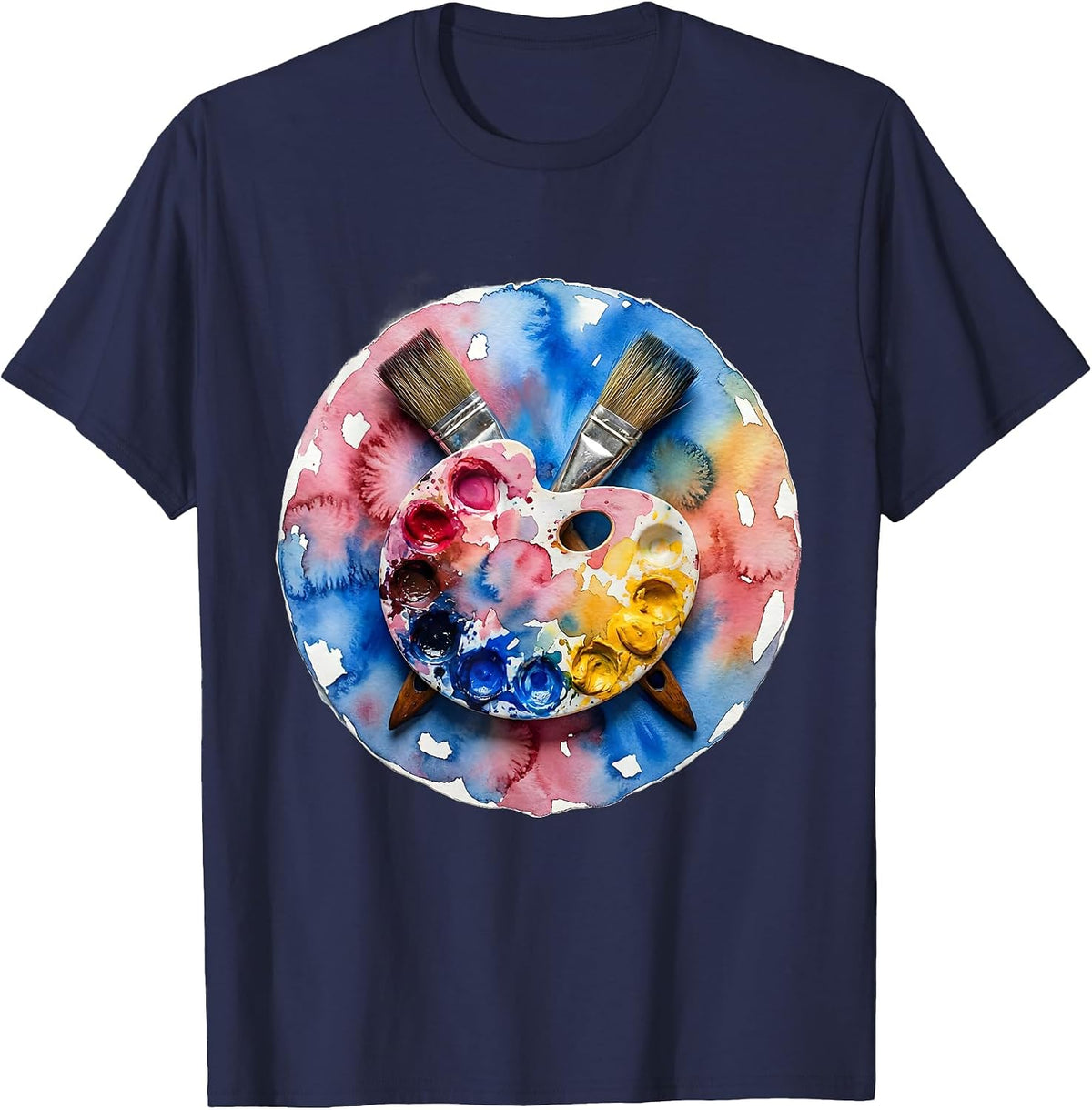Art Teacher Paint Palette Crossed Brushes Design T-Shirt - Navy Blue