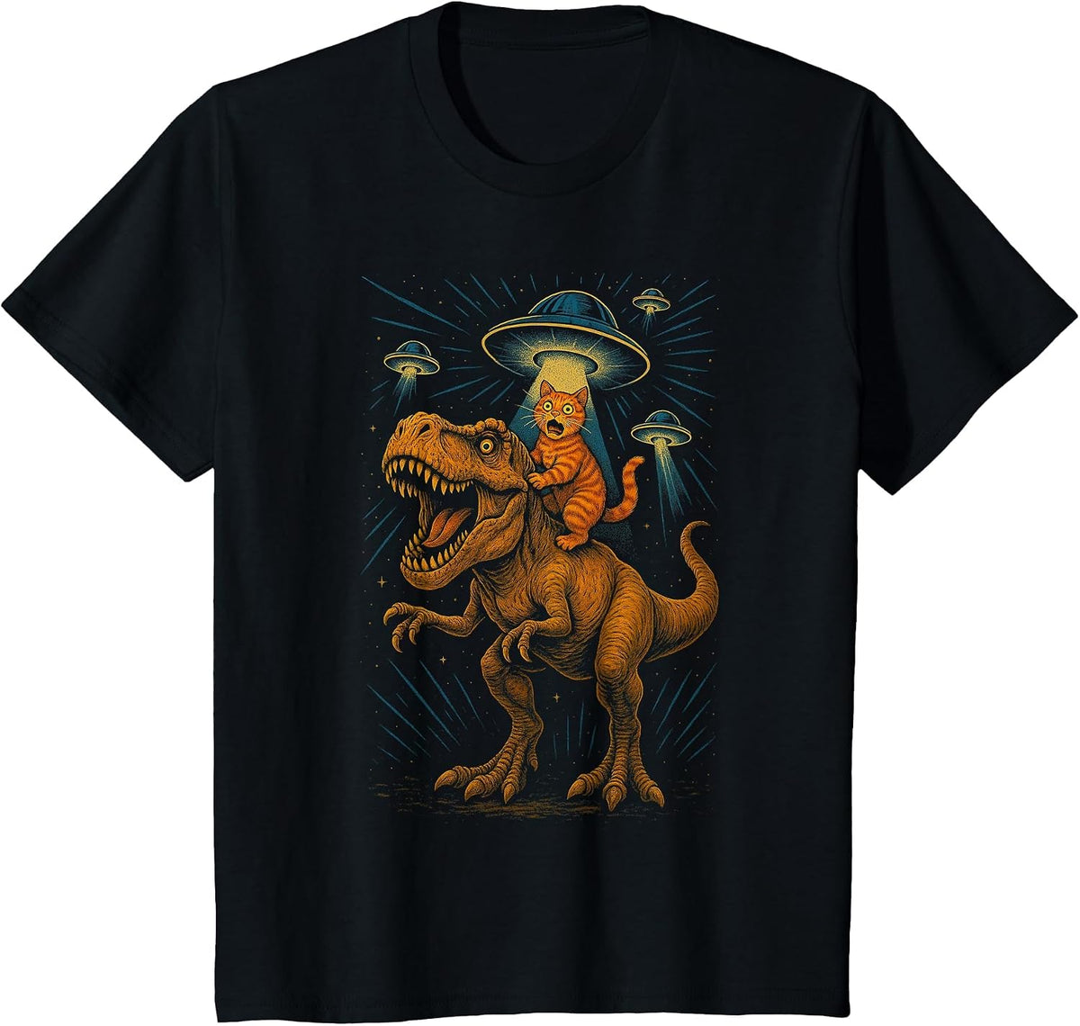 Funny Cat Riding T-Rex Dinosaur Graphic T-Shirt - Black