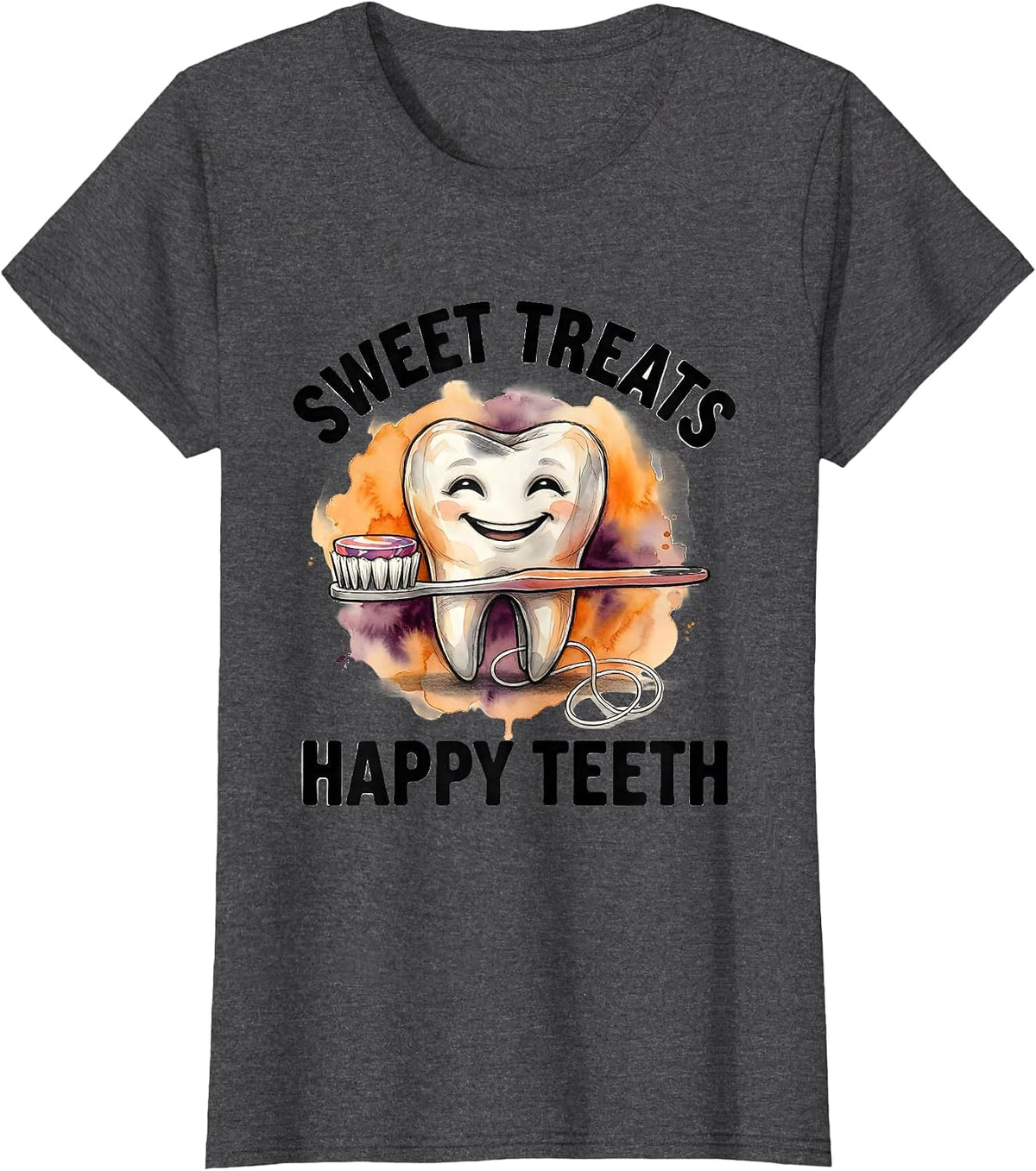 Women's Sweet Treats Happy Teeth Watercolor Dental Humor Halloween T-Shirt - Dark Heather Grey