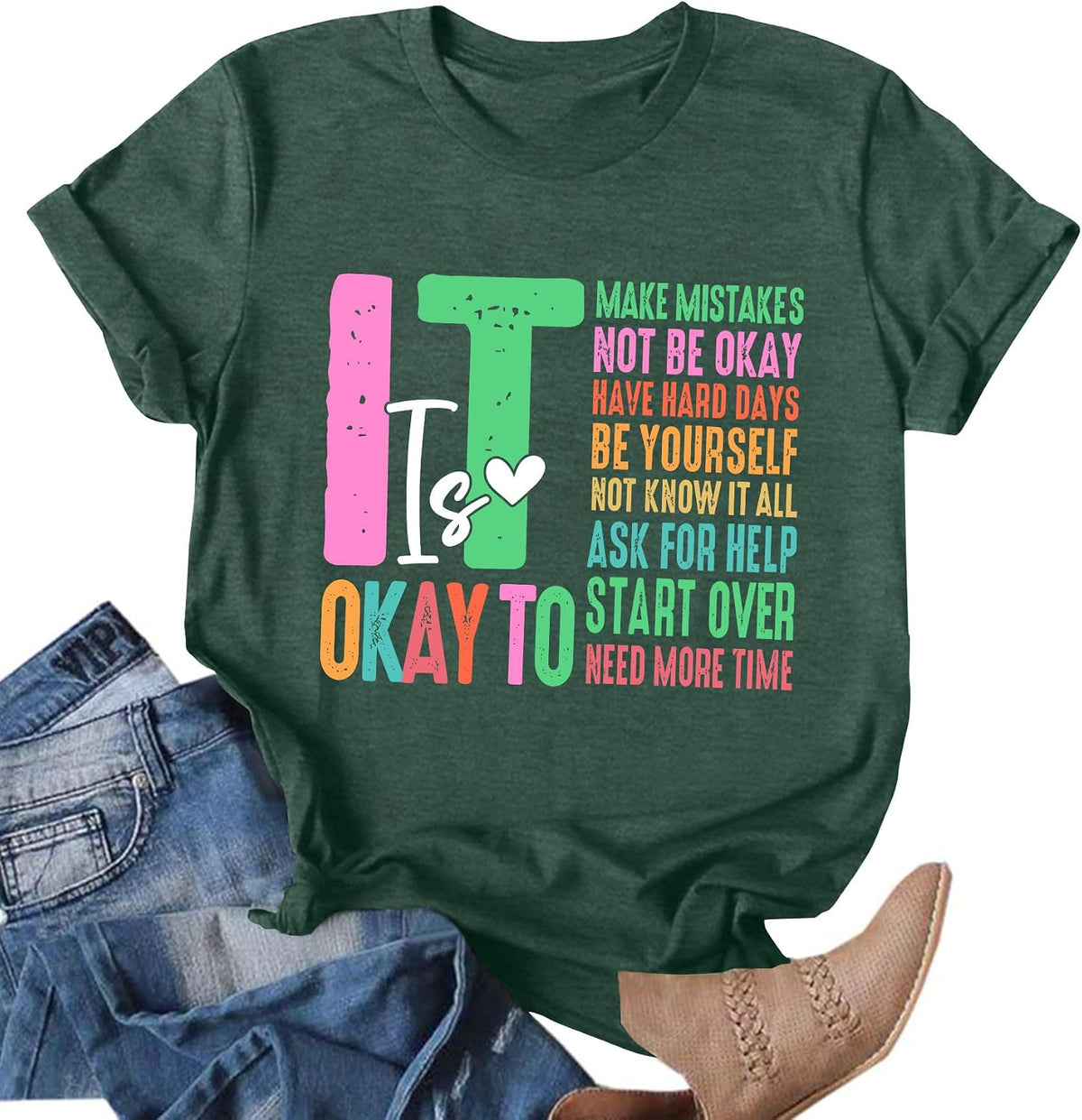 Mental Health Shirt for Women It's Okay to Make Some Mistakes Letter Print Tshirt Mental Health Gifts Tops - Darkgreen