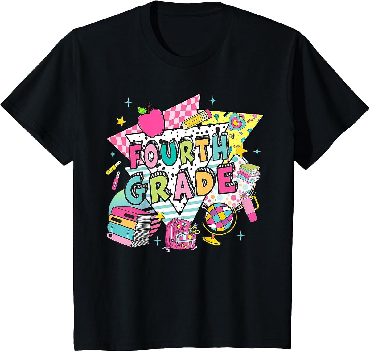 Fourth Grade Teachers Students Retro 90s Back to School T-Shirt - Black