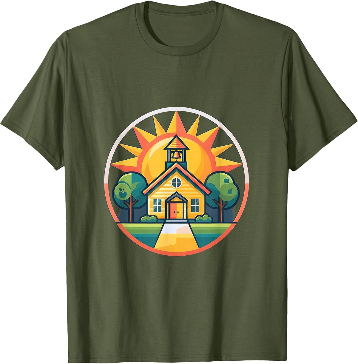 Vintage Schoolhouse Sunshine First Grade Teacher T-Shirt - Olive Green