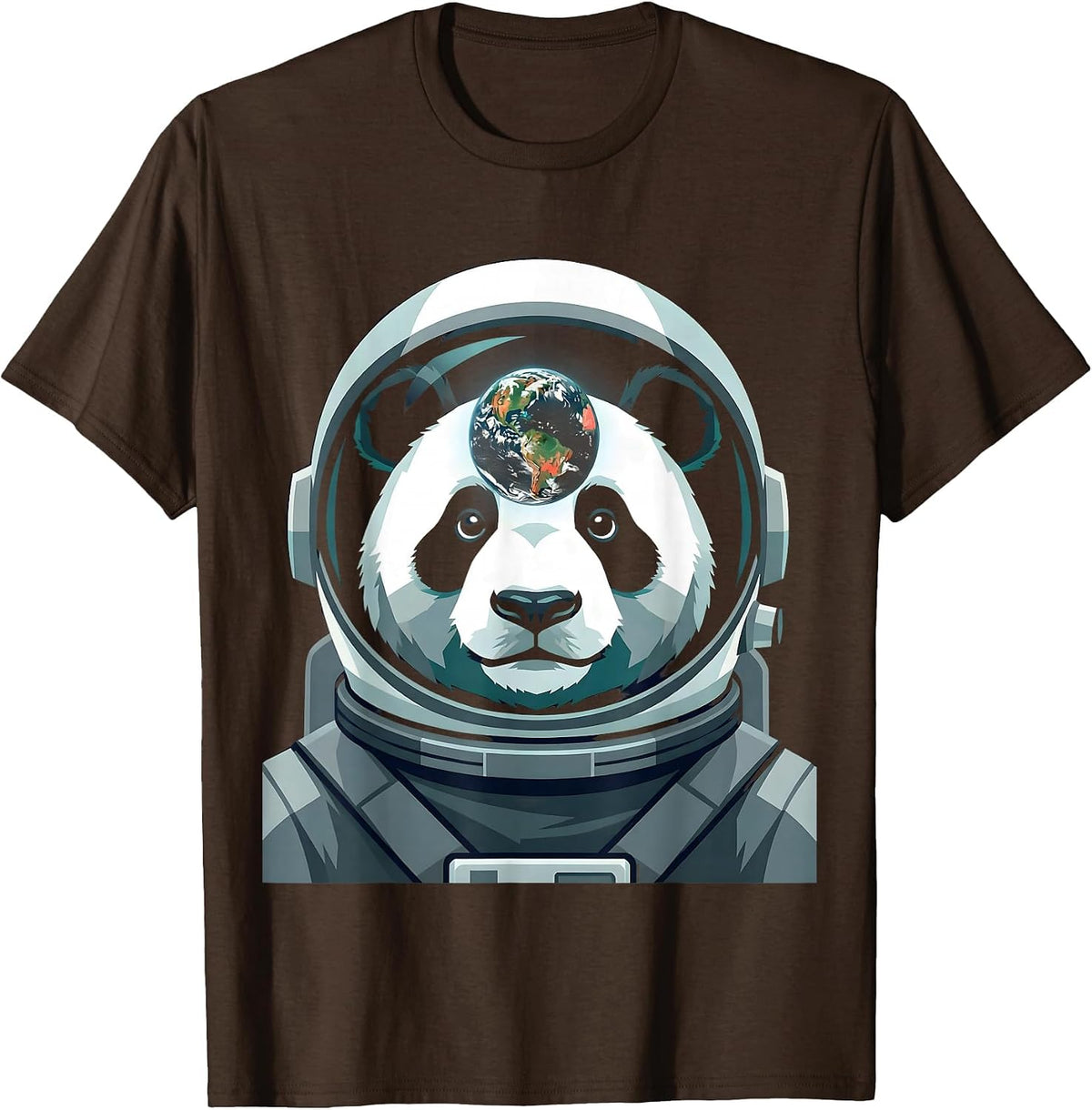 Panda Astronaut Helmet Earth Reflection Space Art T-Shirt - Brown