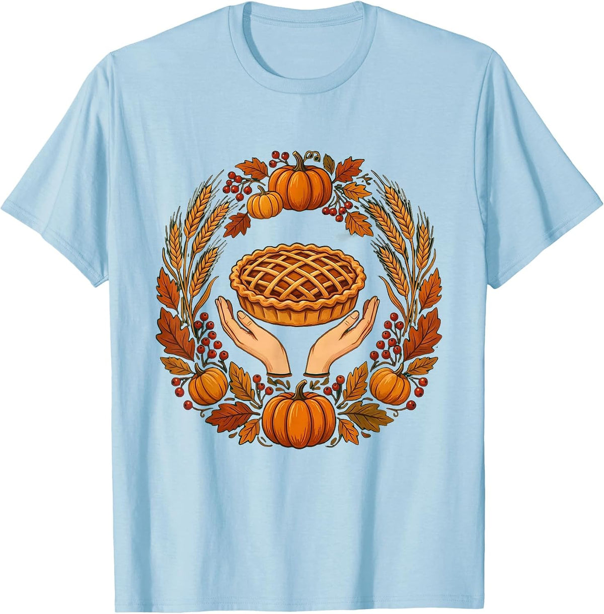 Men's Thanksgiving Pie Cradling Hands Graphic Design T-Shirt - Baby Blue