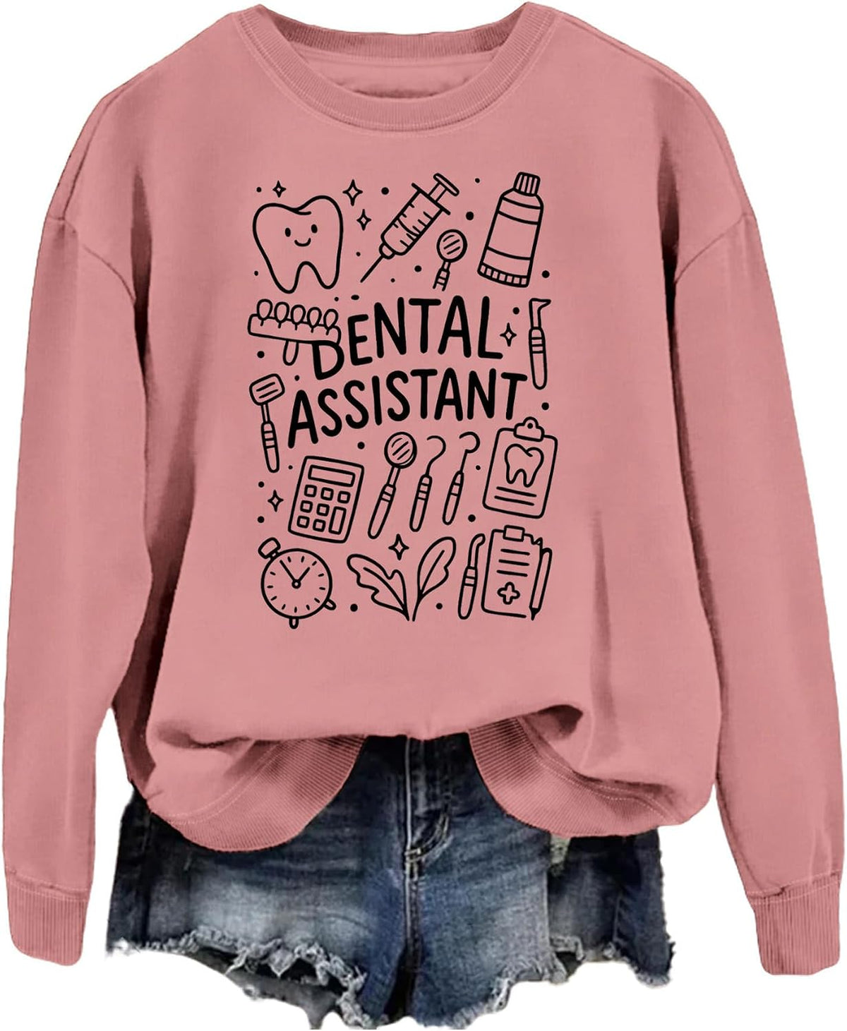SAUIVD Dental Assistant Sweatshirt for Women Funny Pediatric Dental Hygienist Shirts Long Sleeve Holiday Pullover Tops - Pink