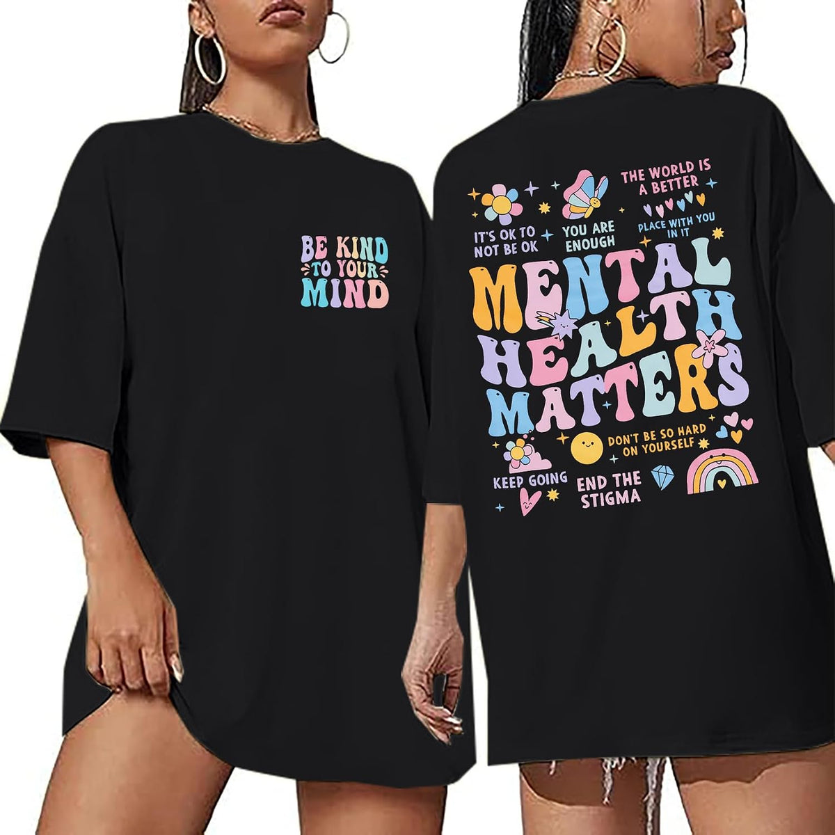 Mental Health Matters Shirt Women Be Kind to Your Mind Letter Print Tshirt Inspirational Tee Graphic Short Sleeve Top - Black