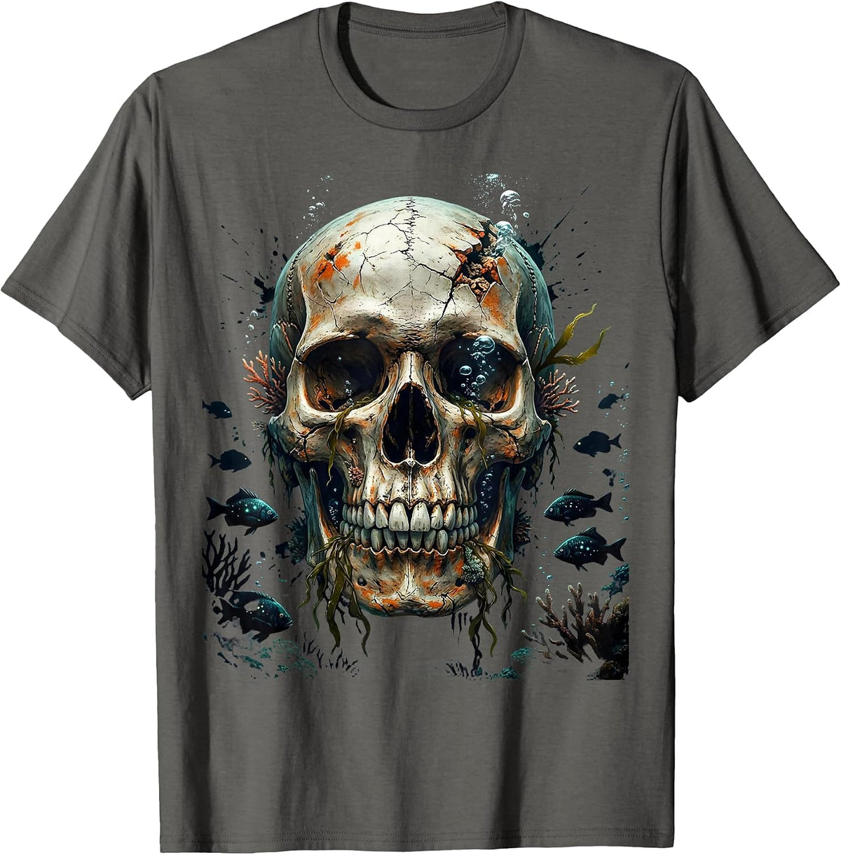 Deep Ocean Skull Glowing Fish Illustration T-Shirt - Asphalt Grey